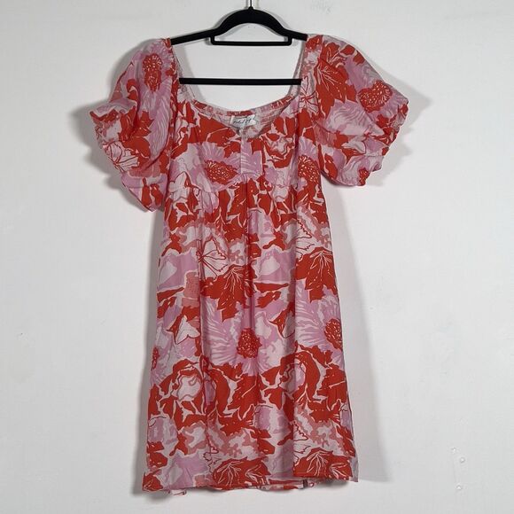 Petal & Pup Maggie Babydoll Mini Dress Sz L Pink Red Floral Puff Sleeves - Picture 5 of 16